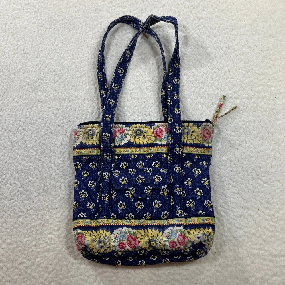 Vera Bradley Tote Bag Women Small Blue Yellow Floral Quilted Shoulder Handbag